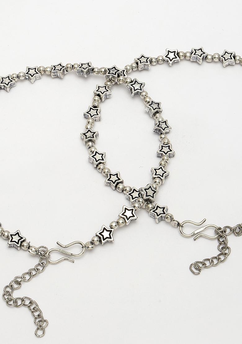 Silver Set Of 2 Plated Star Design Anklets