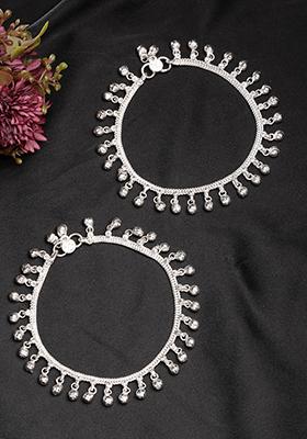 Silver Set Of 2 Plated Ghungroo Beaded Anklets