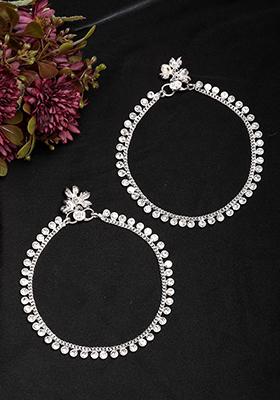 Silver Set Of 2 Plated Artificial Stone Studded Anklets