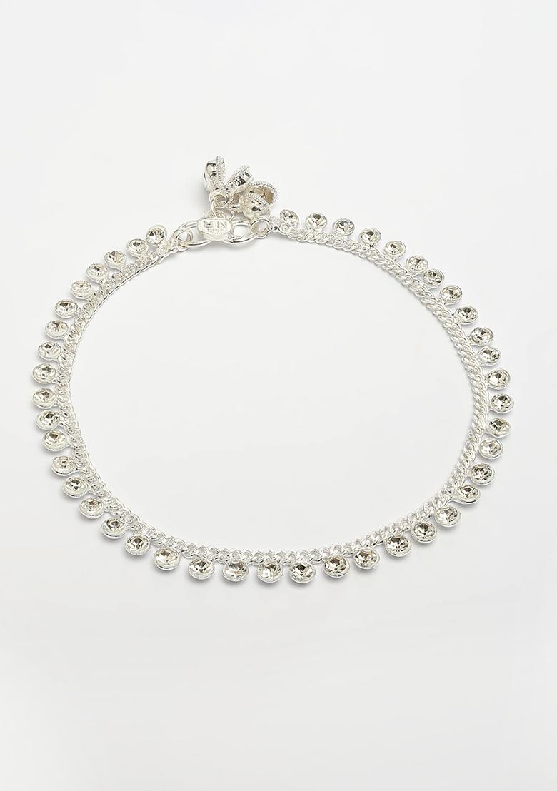 Silver Set Of 2 Plated Artificial Stone Studded Anklets