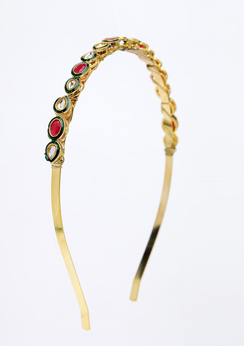 Gold Multi Colour Kundan Gold Plated Embellished Hairband