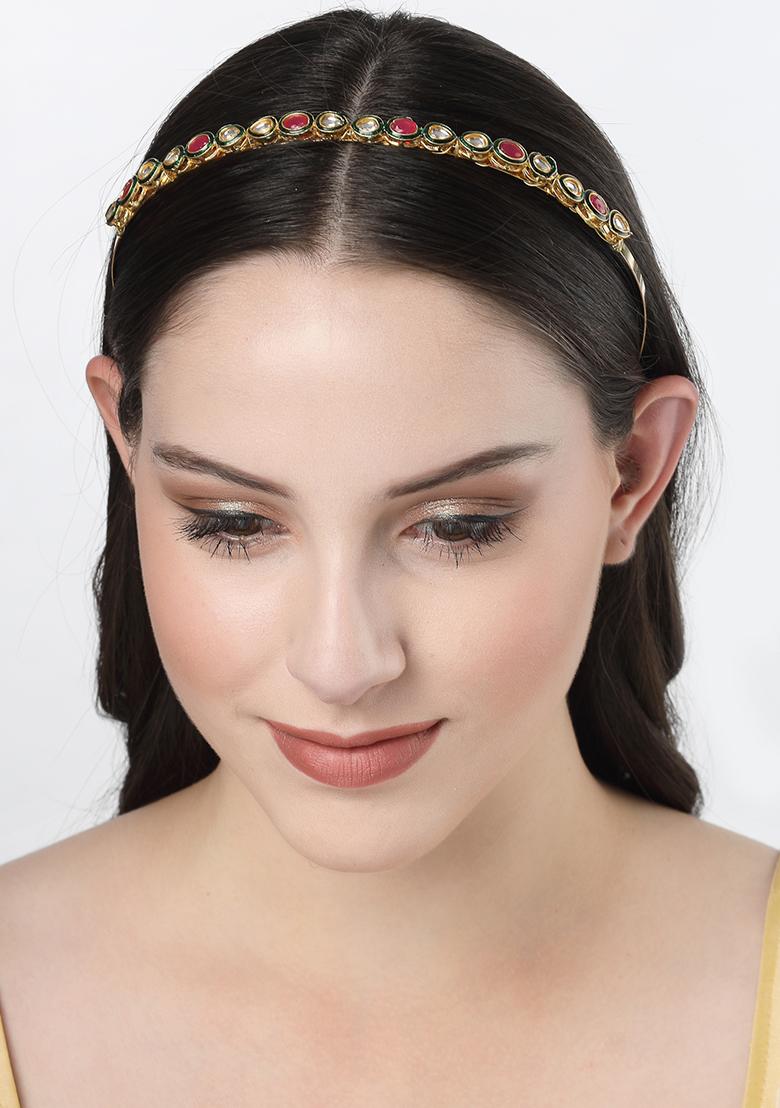 Gold Multi Colour Kundan Gold Plated Embellished Hairband