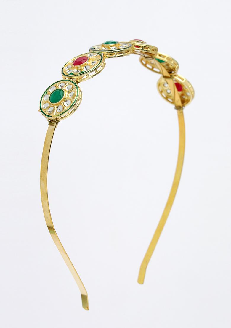 Gold Multi Colour Kundan Gold Plated Embellished Hairband