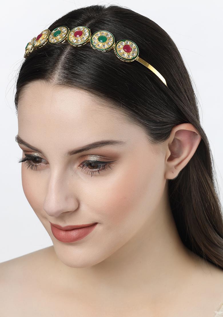 Gold Multi Colour Kundan Gold Plated Embellished Hairband