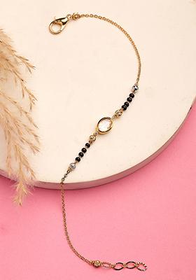 Gold Gold Plated & Black Brass Ad Studded Hand Mangalsutra Link Bracelet
