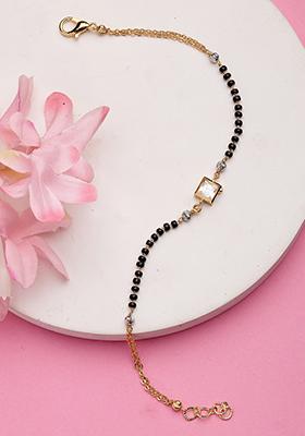 Gold Gold Plated & Black Brass Stone Studded Hand Mangalsutra Link Bracelet