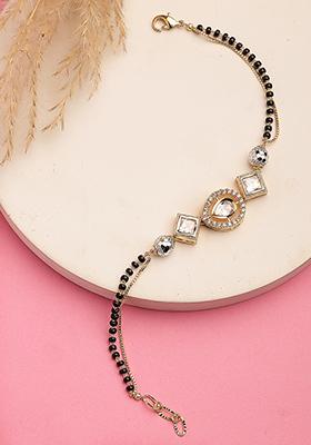 Gold Gold Plated & Black Brass Ad Studded Hand Mangalsutra Link Bracelet