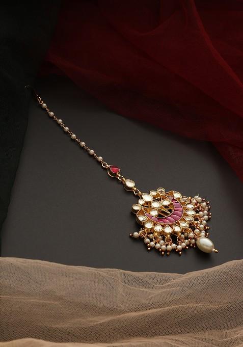 Pink Gold Tone Kundan Maangtika