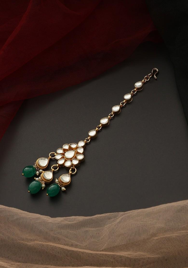 Green Gold Tone Kundan Maangtika - Indya