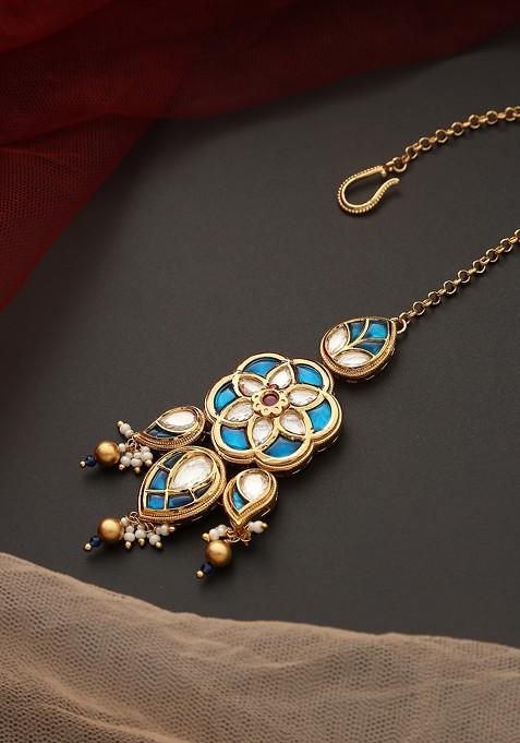 Blue Gold Tone Kundan Maangtika