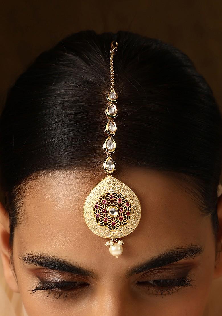 Multicolour Gold Tone Kundan Maangtika - Indya