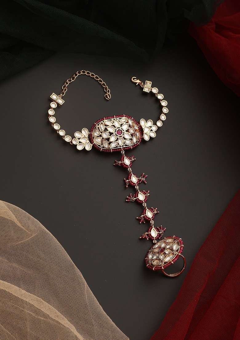 Red Rose Gold Tone Polki Hathphool Bracelet - Indya