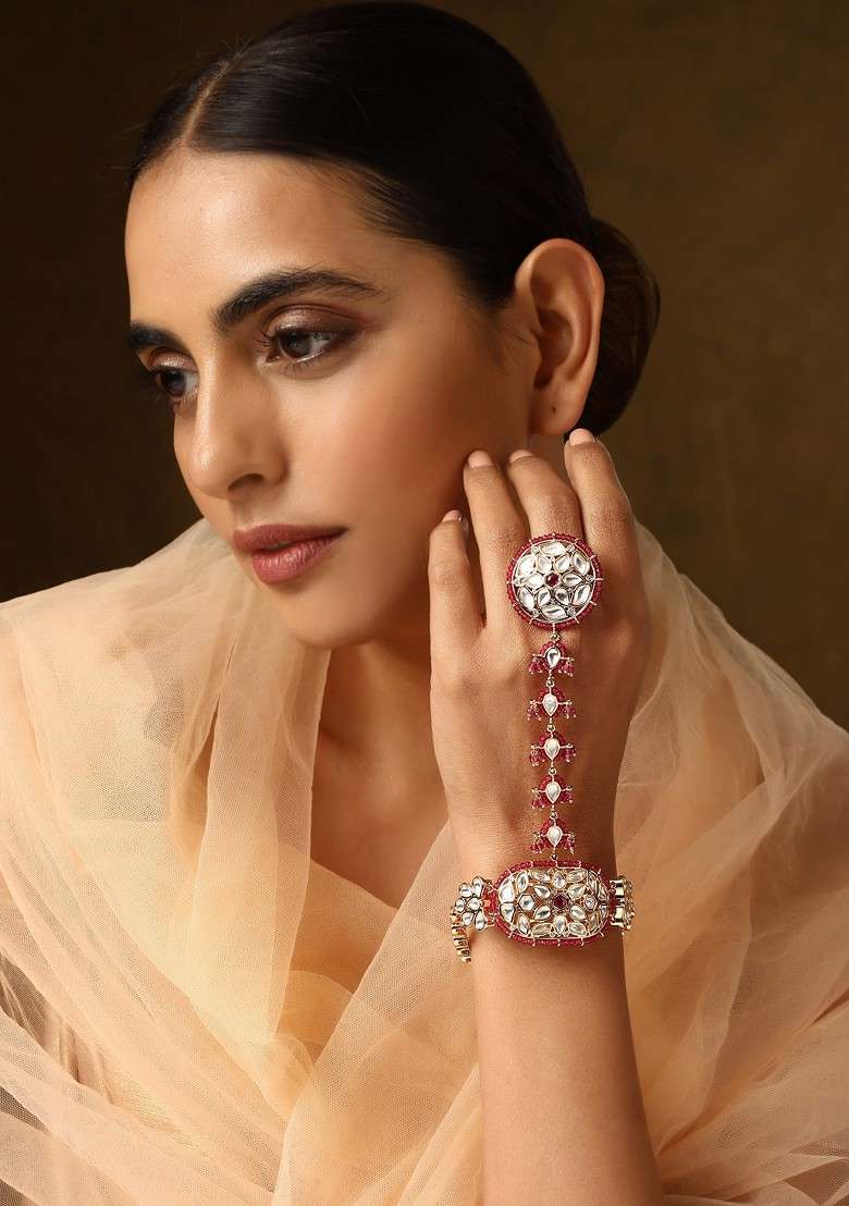 Red Rose Gold Tone Polki Hathphool Bracelet - Indya