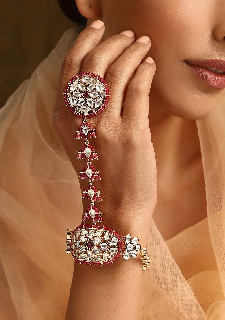 Red Rose Gold Tone Polki Hathphool Bracelet - Indya