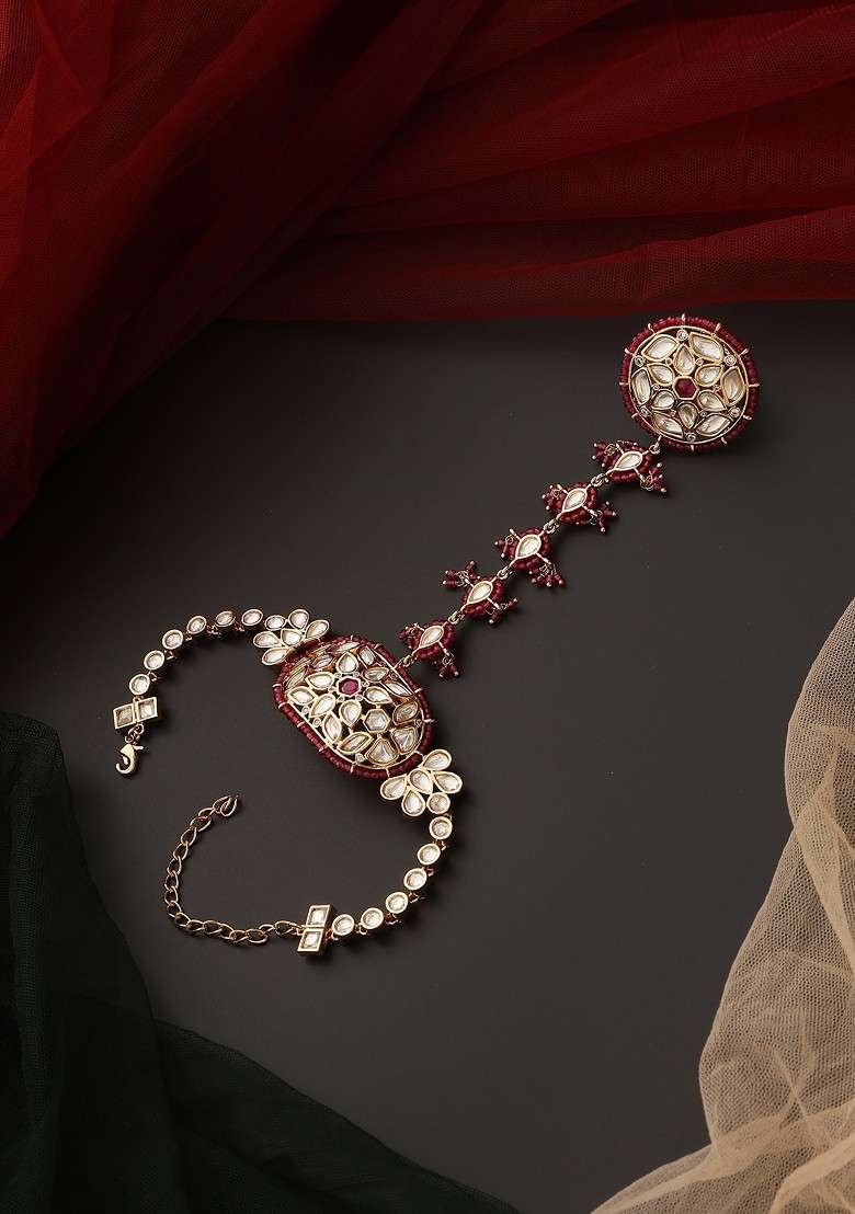 Red Rose Gold Tone Polki Hathphool Bracelet - Indya