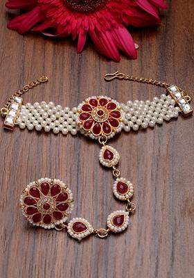Red Gold Plated Stone Studded Handcrafted Ring Bracelet