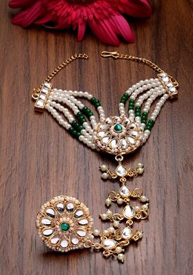 Green Gold Plated Stone Studded Handcrafted Ring Bracelet