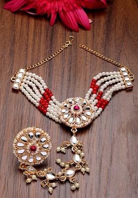 Red Gold Plated Stone Studded Handcrafted Ring Bracelet