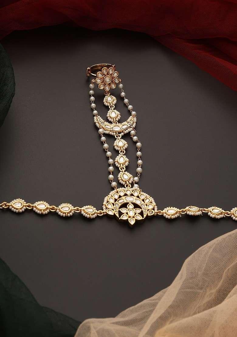 Gold Tone Polki Hathphool Bracelet - Indya