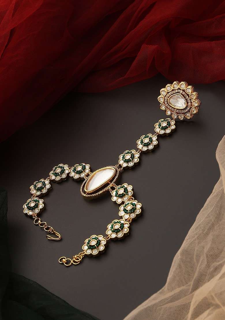 Green Gold Tone Polki Hathphool Bracelet - Indya