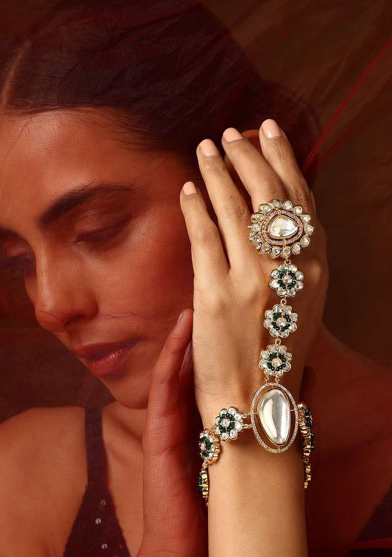 Green Gold Tone Polki Hathphool Bracelet - Indya