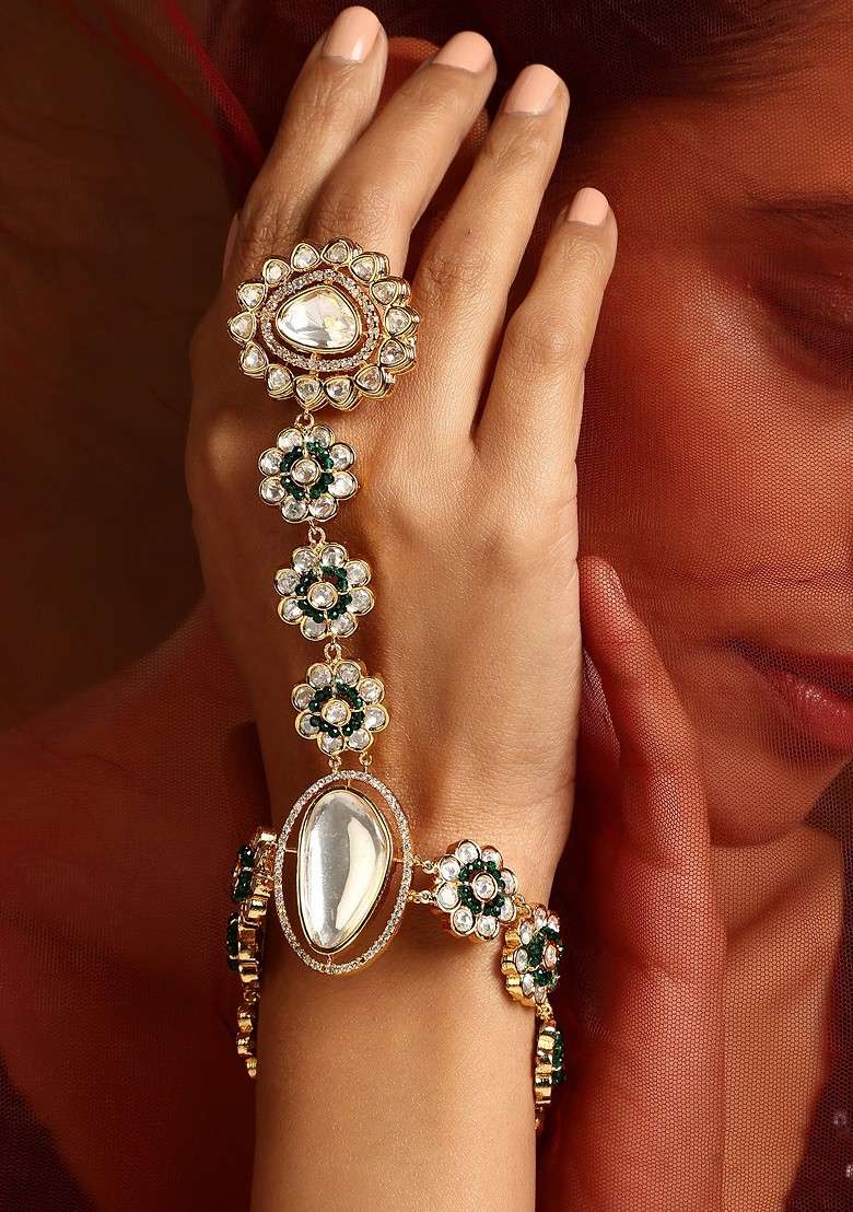Green Gold Tone Polki Hathphool Bracelet - Indya