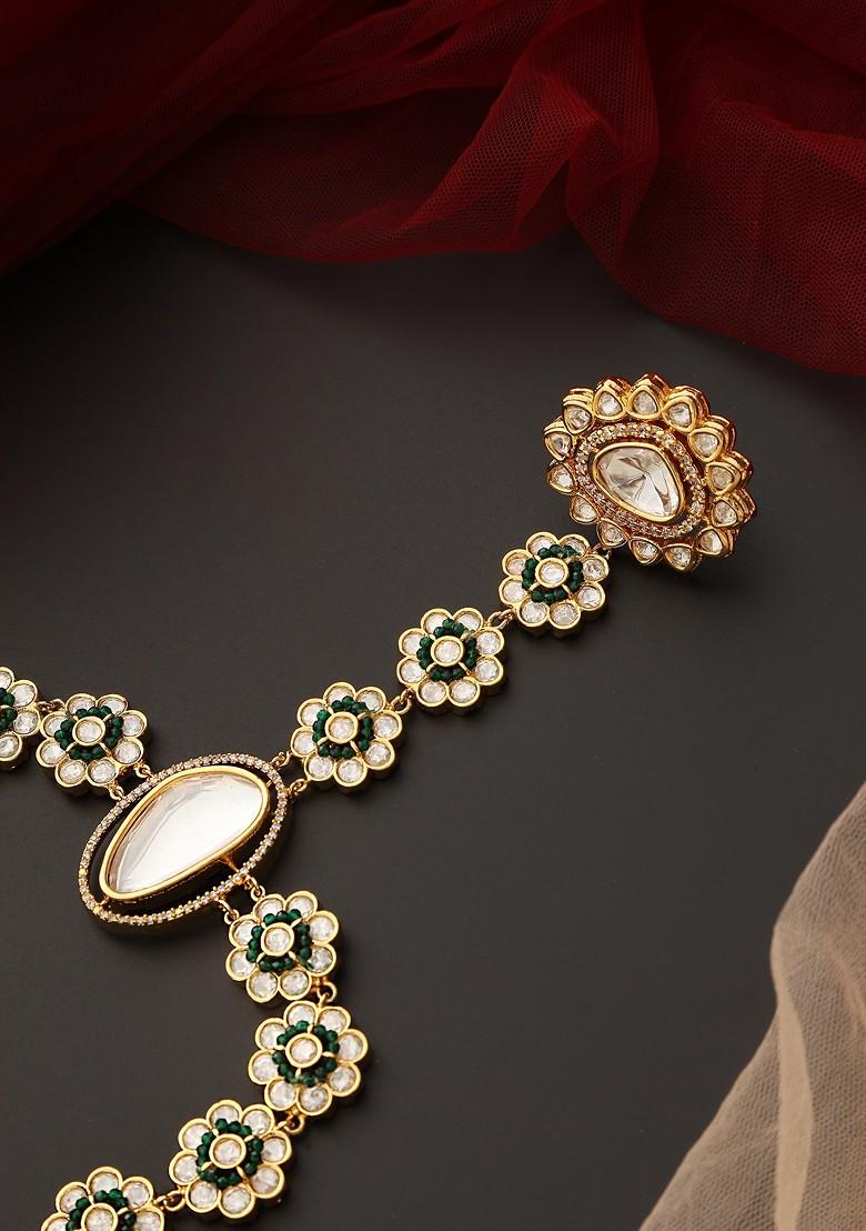 Green Gold Tone Polki Hathphool Bracelet - Indya