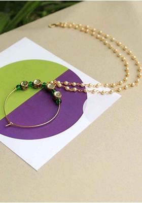 Green Kundan Mixed Alloy Nath - Indya