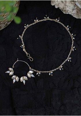 White Kundan Mixed Alloy Nath - Indya