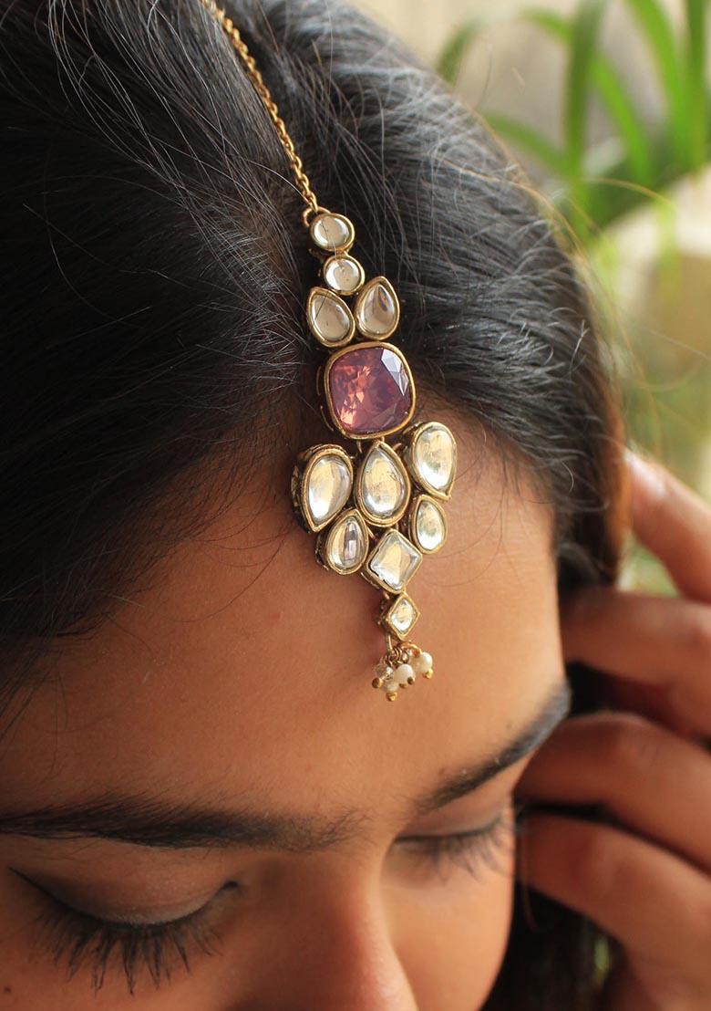Purple Kundan Mixed Alloy Maangtikka