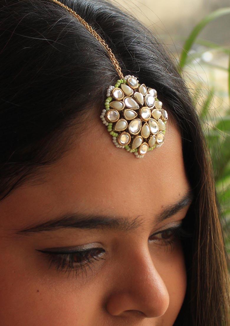 Green Kundan Mixed Alloy Maangtikka