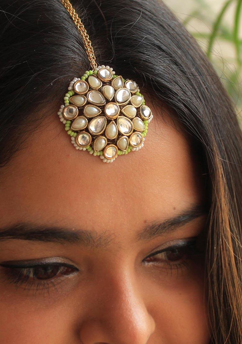 Green Kundan Mixed Alloy Maangtikka