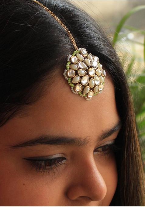 Green Kundan Mixed Alloy Maangtikka