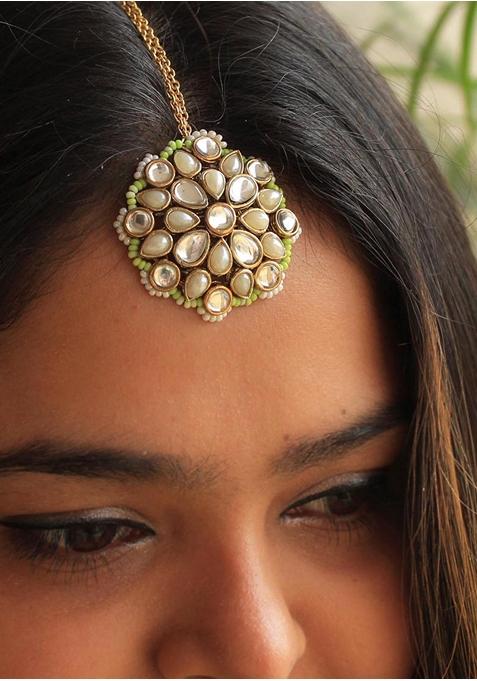 Green Kundan Mixed Alloy Maangtikka