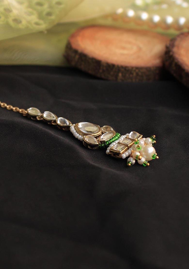 Green Kundan Mixed Alloy Maangtikka