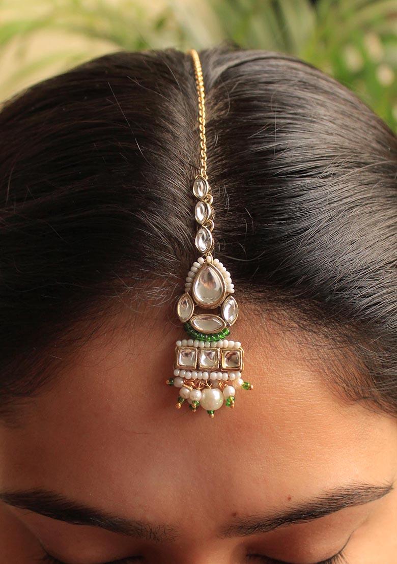 Green Kundan Mixed Alloy Maangtikka