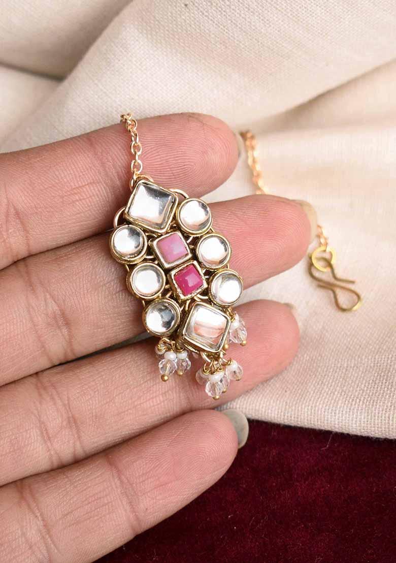 Pink Kundan Mixed Alloy Maangtikka
