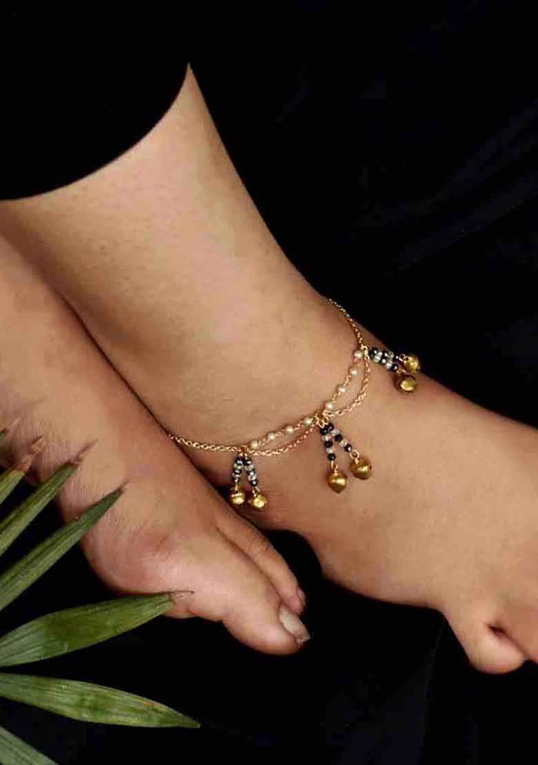 Gold Beaded Mixed Alloy Anklets