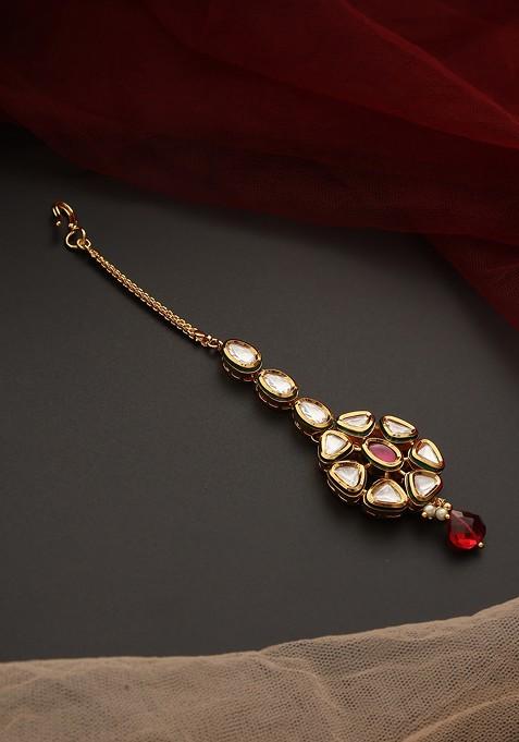 Red Gold Tone Kundan Maangtika