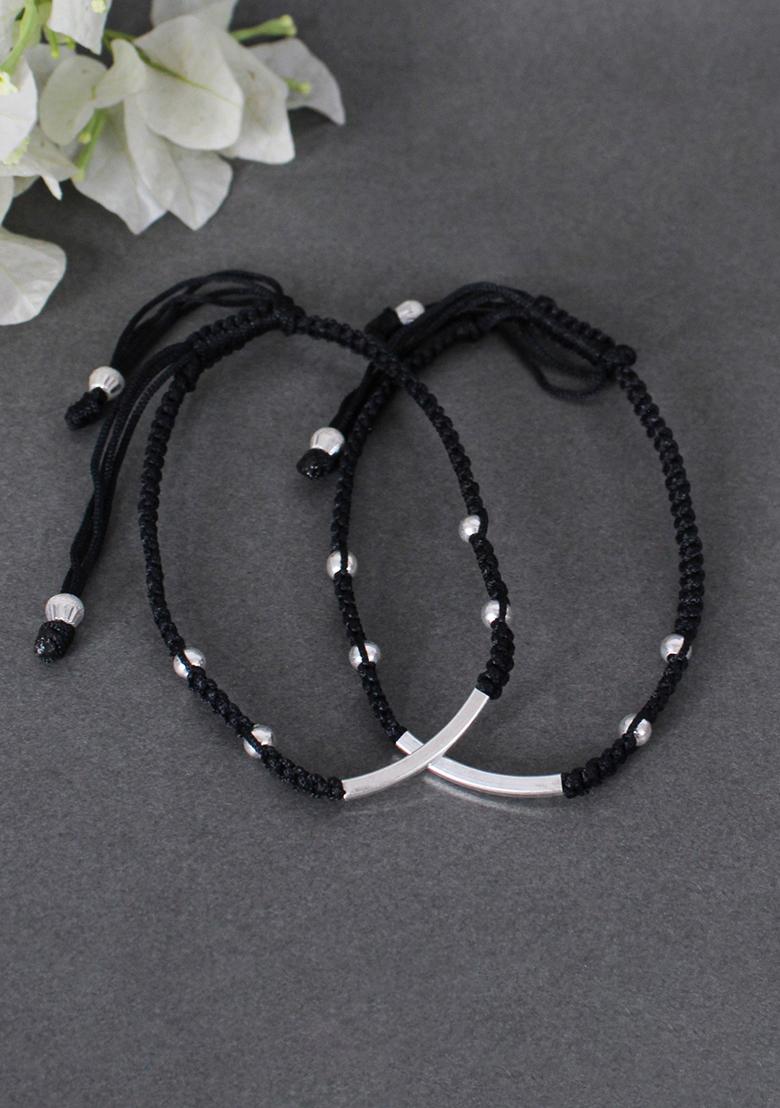 Silver Black String Sterling Silver Anklets