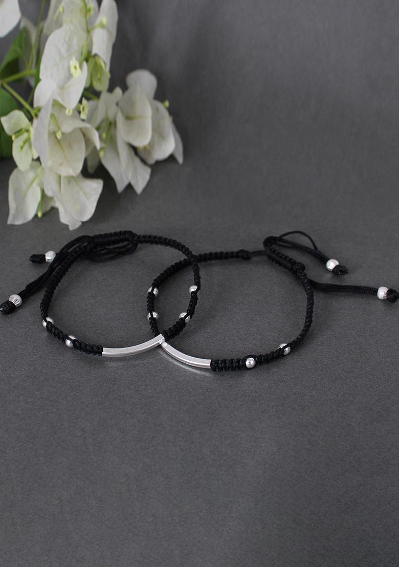 Silver Black String Sterling Silver Anklets