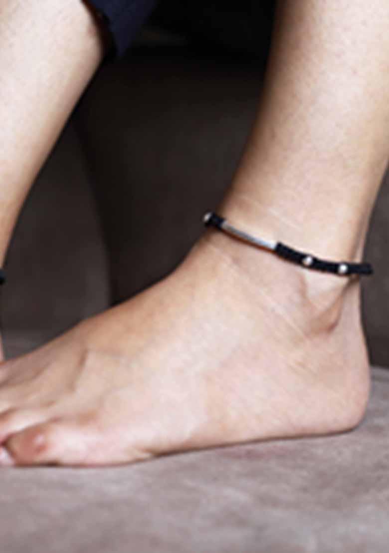 Silver Black String Sterling Silver Anklets