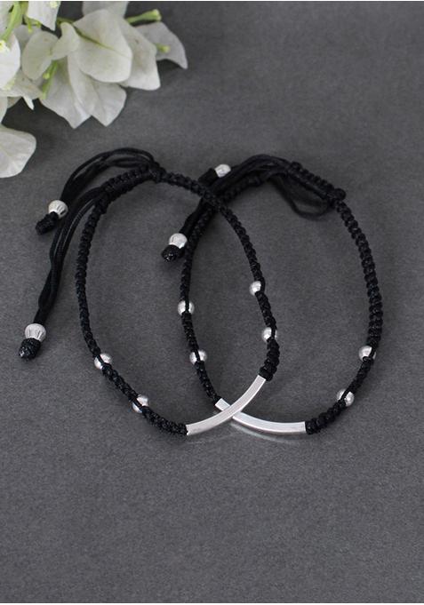 Silver Black String Sterling Silver Anklets