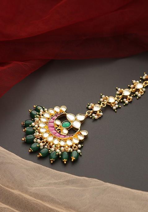 Pink And Green Gold Tone Kundan Maangtika