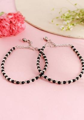 Silver Artifical Beaded Black Anklet (Set Of 2)