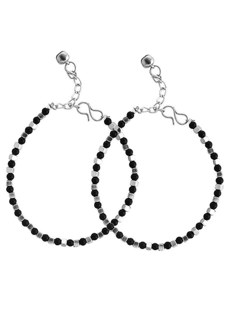 Silver Artifical Beaded Black Anklet (Set Of 2)