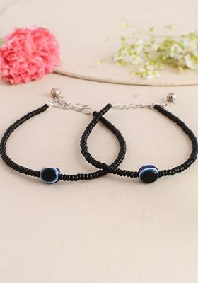 Black Evil Eye Black Beaded Anklet (Set Of 2)