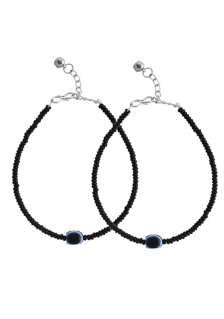 Black Evil Eye Black Beaded Anklet (Set Of 2)