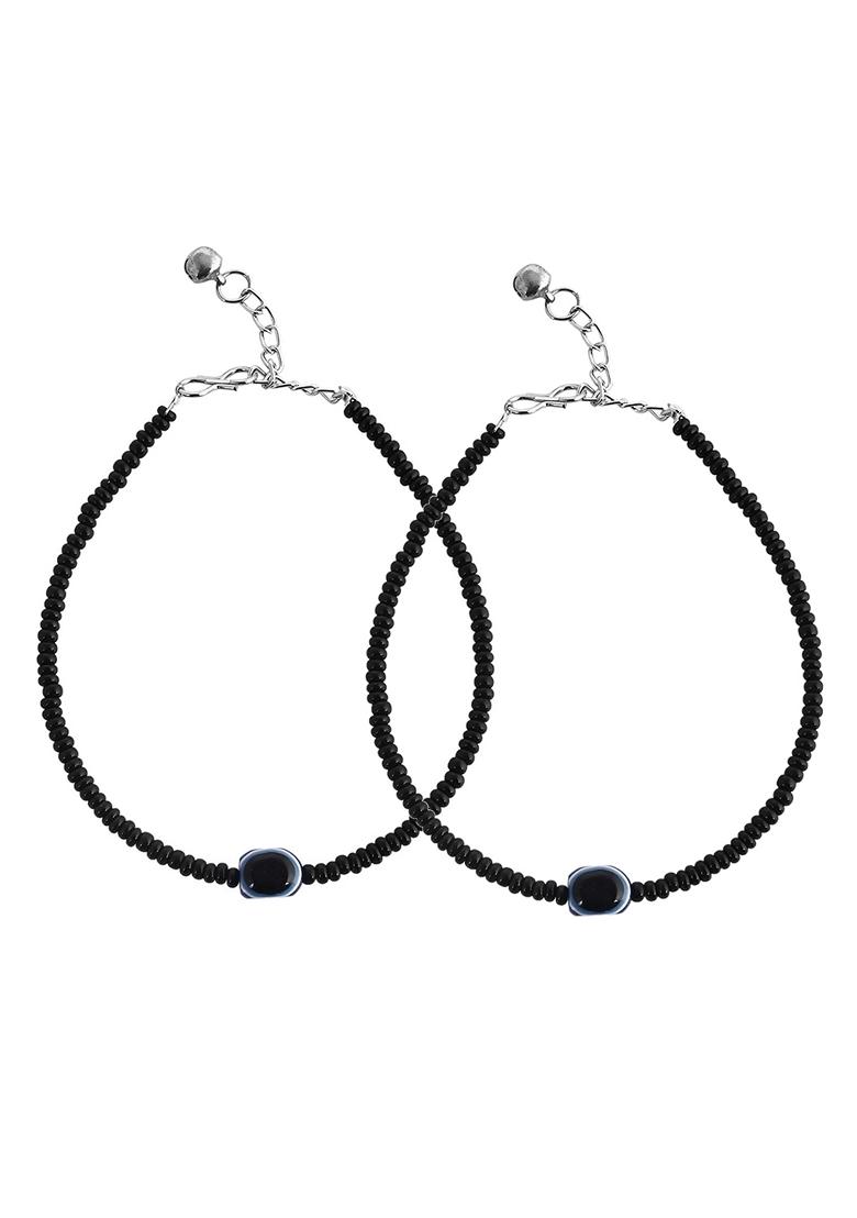 Black Evil Eye Black Beaded Anklet (Set Of 2)