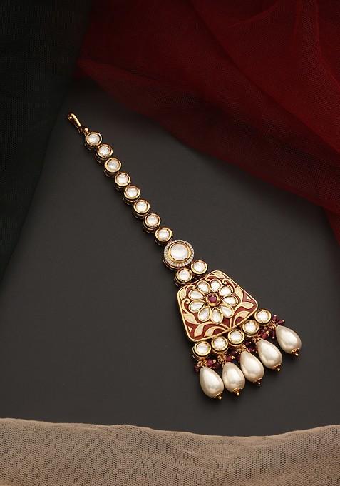 Red Gold Tone Kundan Pearl Maangtika